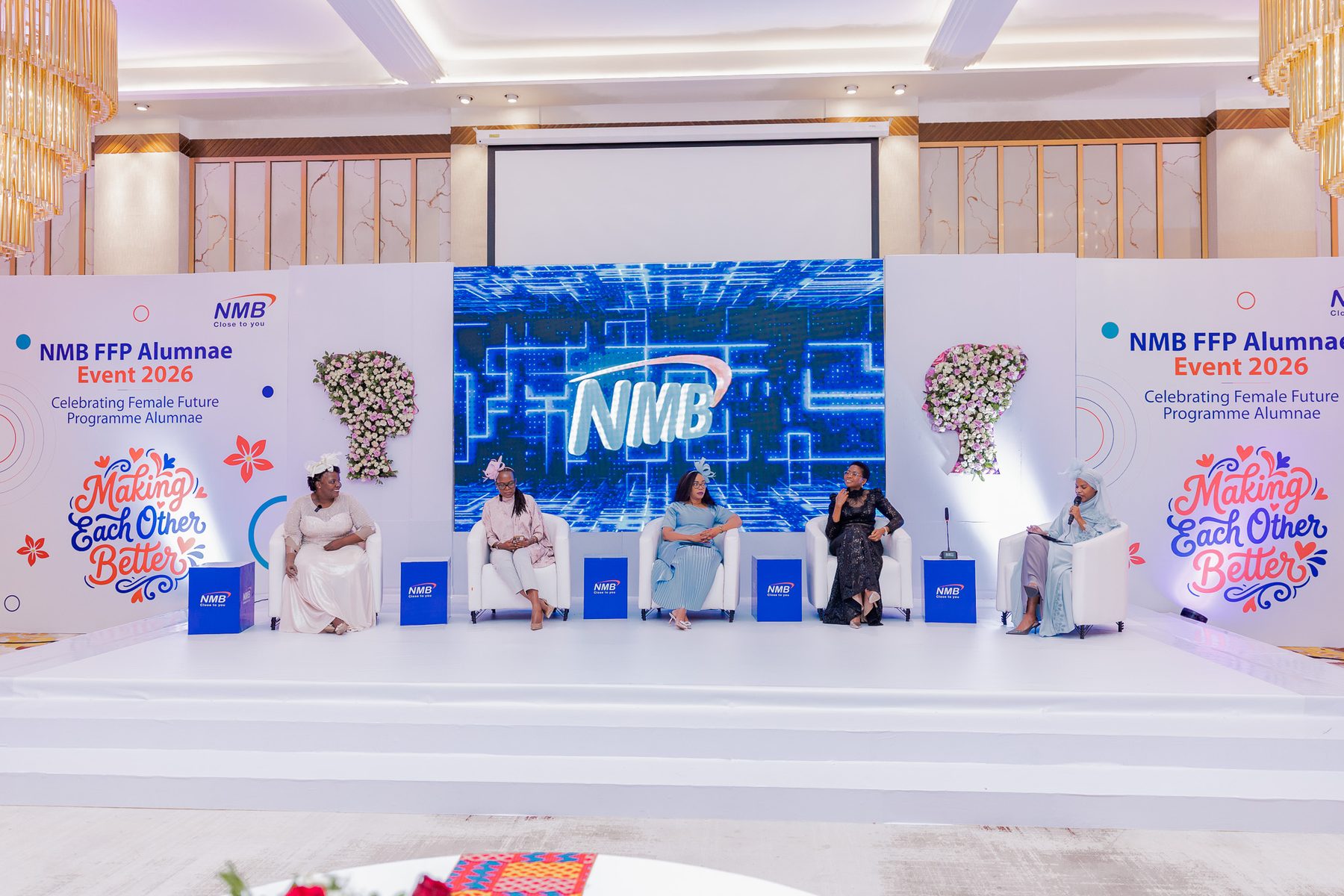 Panel discussion on stage with NMB FFP Alumnae, Making Each Other Better