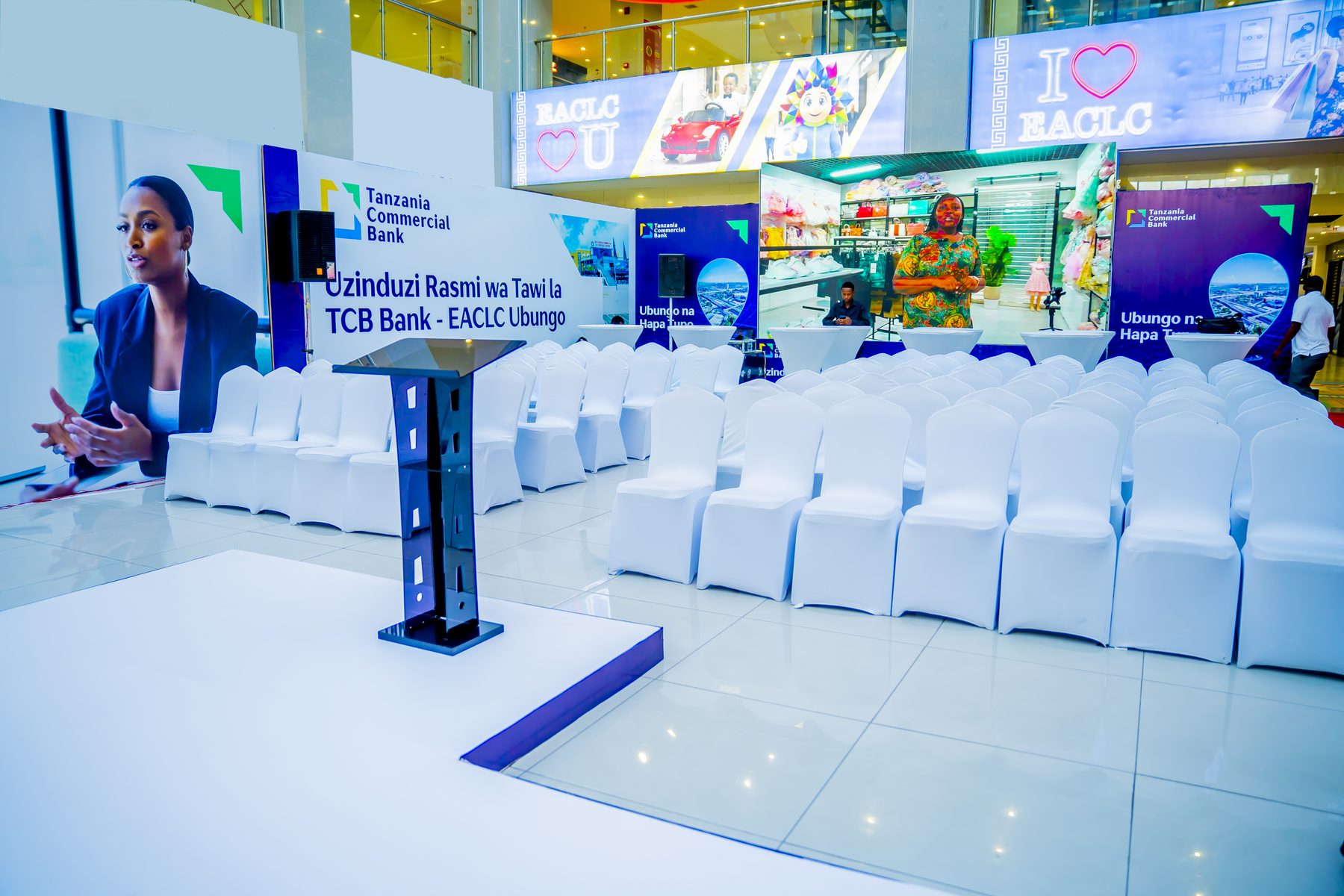 Branded seating area ready for guests ahead of the TCB Ubungo branch launch